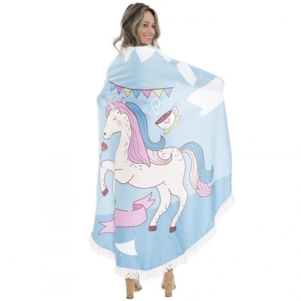 Unicorn Round Beach blanket with Fringe Tassels. - Picture 2 of 2